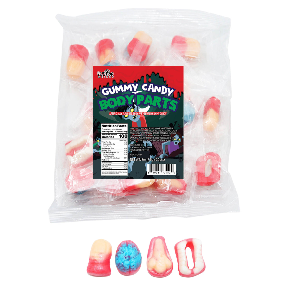 Fusion Select 8 Oz Individually Wrapped Gummy Body Parts Candy - Halloween Gummies & Trick or Treat Candy for Party & Goodie Bags - Spooky Assortment of Brain, Teeth, Fingers & Nose Candies