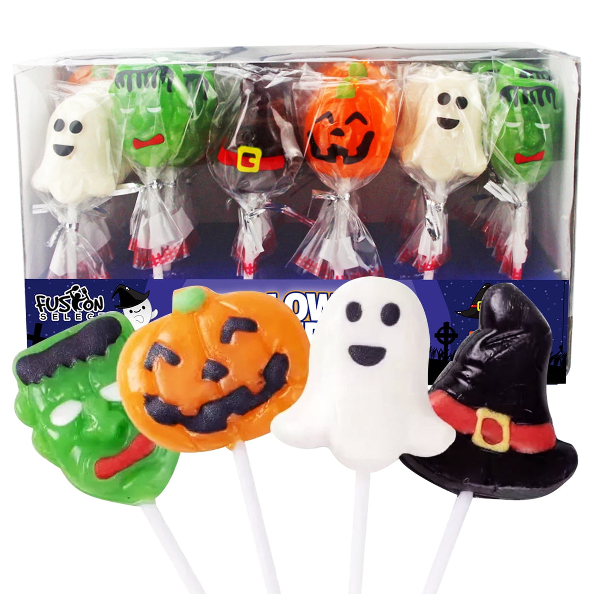Fusion Select Halloween Candy Lollipops - Trick or Treat Candies for Kids - Frankenstein's Monster, Jack o Lantern, Ghost & Witch Hat Halloween Sweets - Individually Wrapped - 30 Treats Per Box