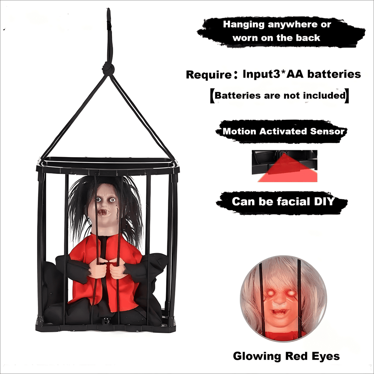 Halloween Animated Decorations, Halloween Decor Prop Scary Haunted Doll Horror with Red Lighting Eyes Spooky Sounds & Motion Sensor for Home Indoor Outdoor