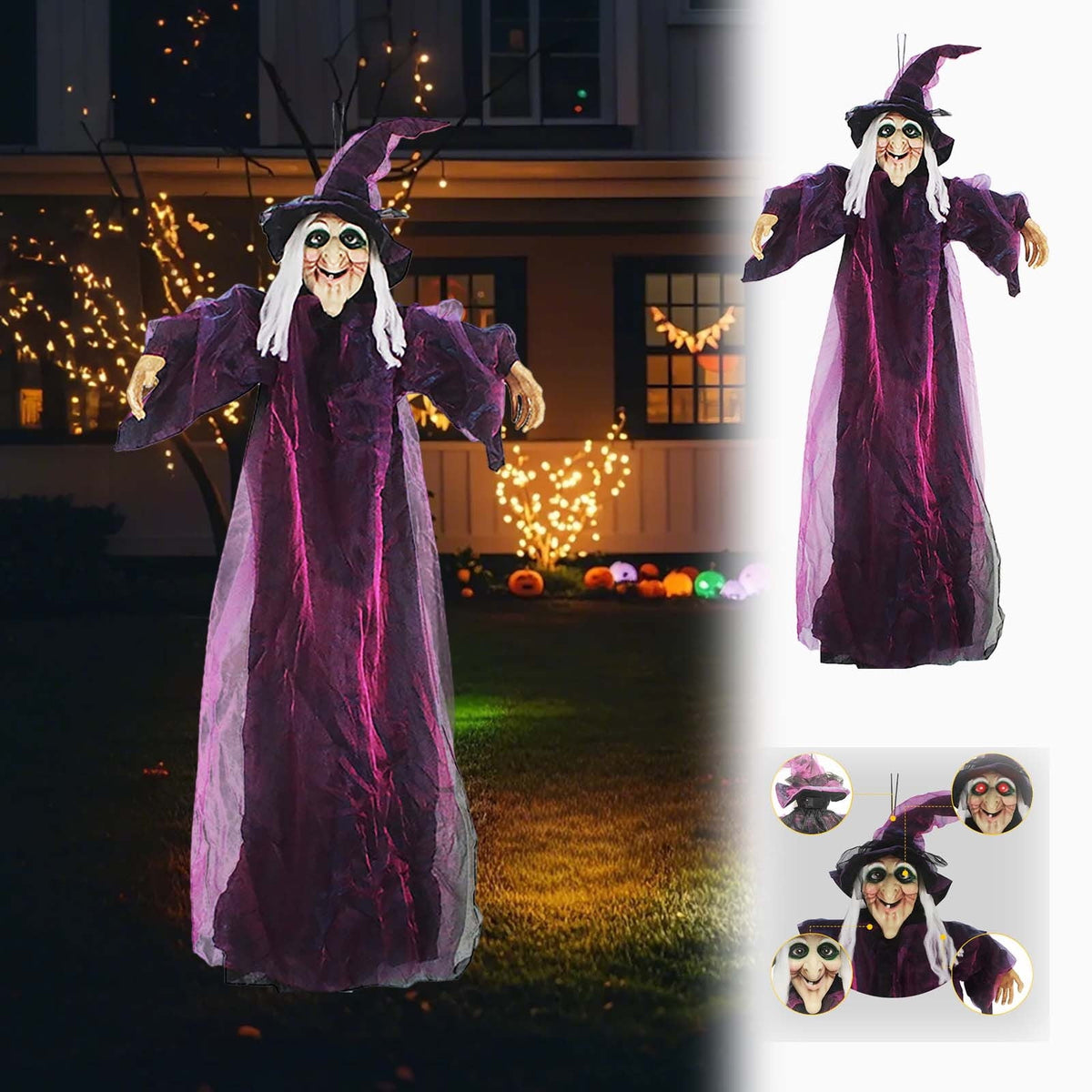 Halloween Animatronics Witch Decorations, 6 FT Hanging Witch Halloween Decor, Giant Animated Standing Talking Witch with Red Eyes, Flying Witch Standing Decor for Scary Decors Prop
