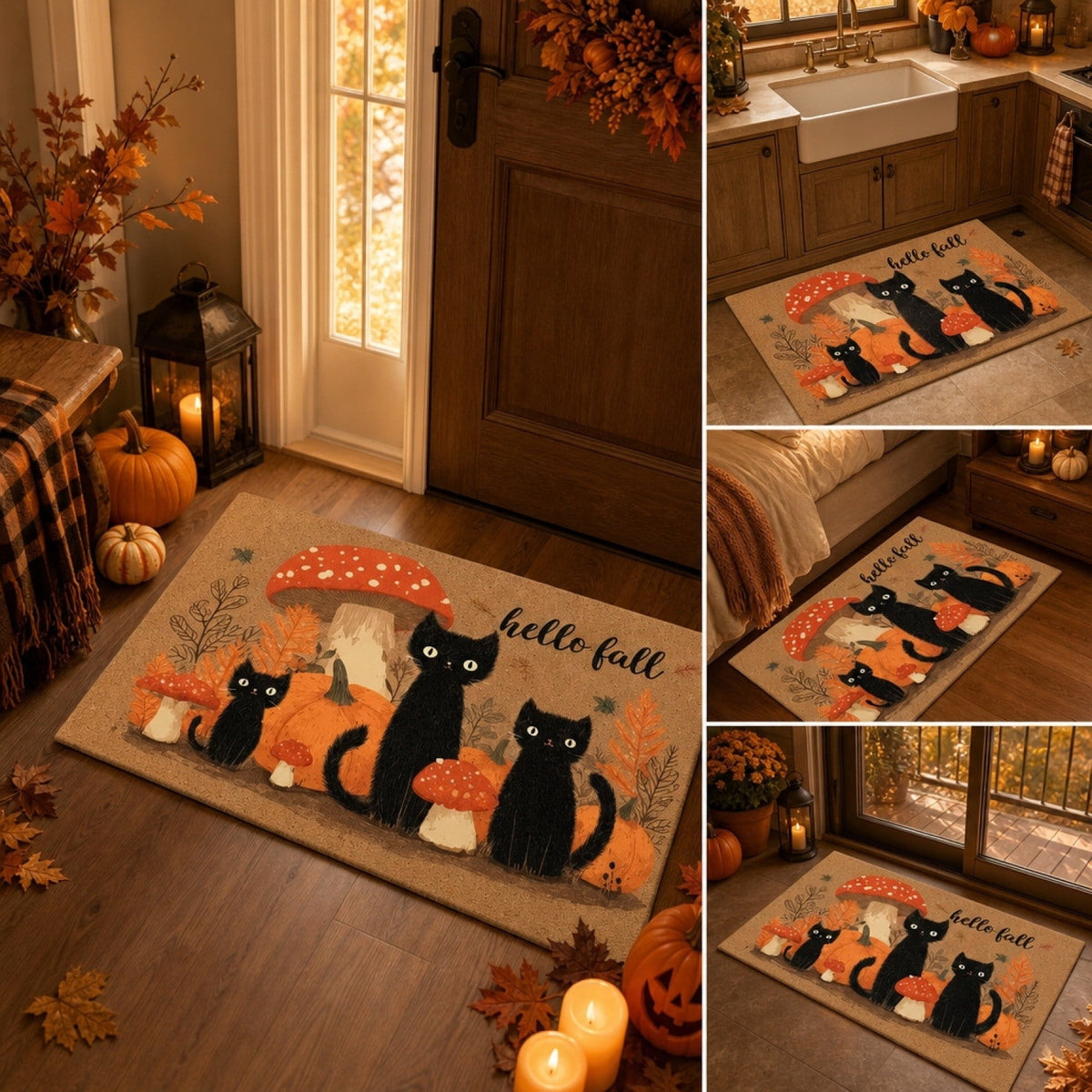 Halloween Black Cat Doormat, 23.6x15.7 Inch Spooky Pumpkin Floor Rug, Non-Slip Seasonal Entryway Mat for Front Door Porch & Indoor Decor