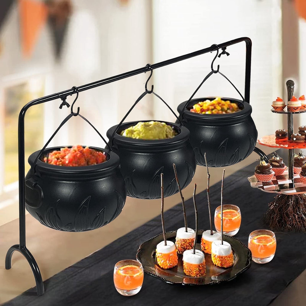 Halloween Decoration Witches Cauldron Serving Bowls on Rack Set of 3 Black Plastic Candy Bucket for St. Patrick’s Day Indoor Outdoor Home Kitchen Decoration