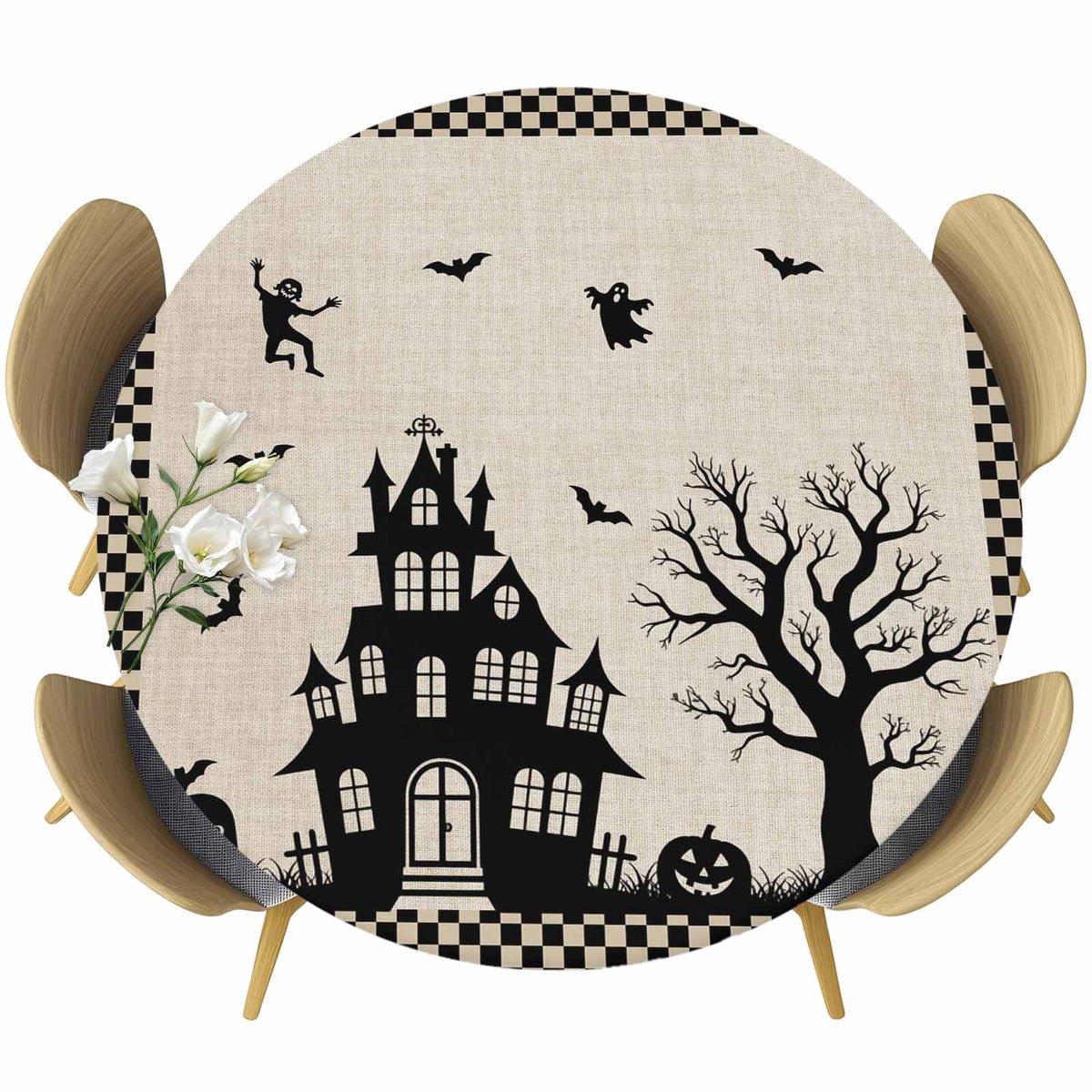 Halloween Round Tablecloth 55-60 Inch Round Fitted Table Cloth with Elastic Edge, Spooky Pumpkins Horror Castle Bat Black Plaid Waterproof Table Cover Protector for Outdoor Picnic Party Dining