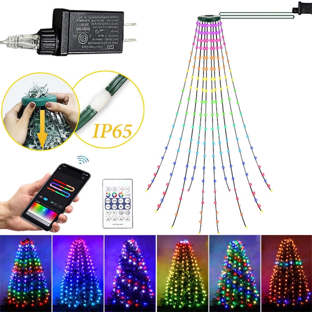 IC ICLOVER Christmas Tree String Lights Decorations with Ring Smart APP, 200 LED Waterfall Lights IP65 Waterproof Multi-Modes with Remote Color Changing Lights for Wedding Yard Party Home Holiday