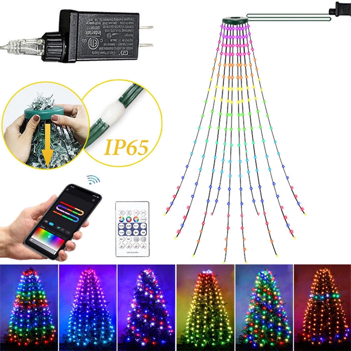 IC ICLOVER Christmas Tree String Lights Decorations with Ring Smart APP, 200 LED Waterfall Lights IP65 Waterproof Multi-Modes with Remote Color Changing Lights for Wedding Yard Party Home Holiday