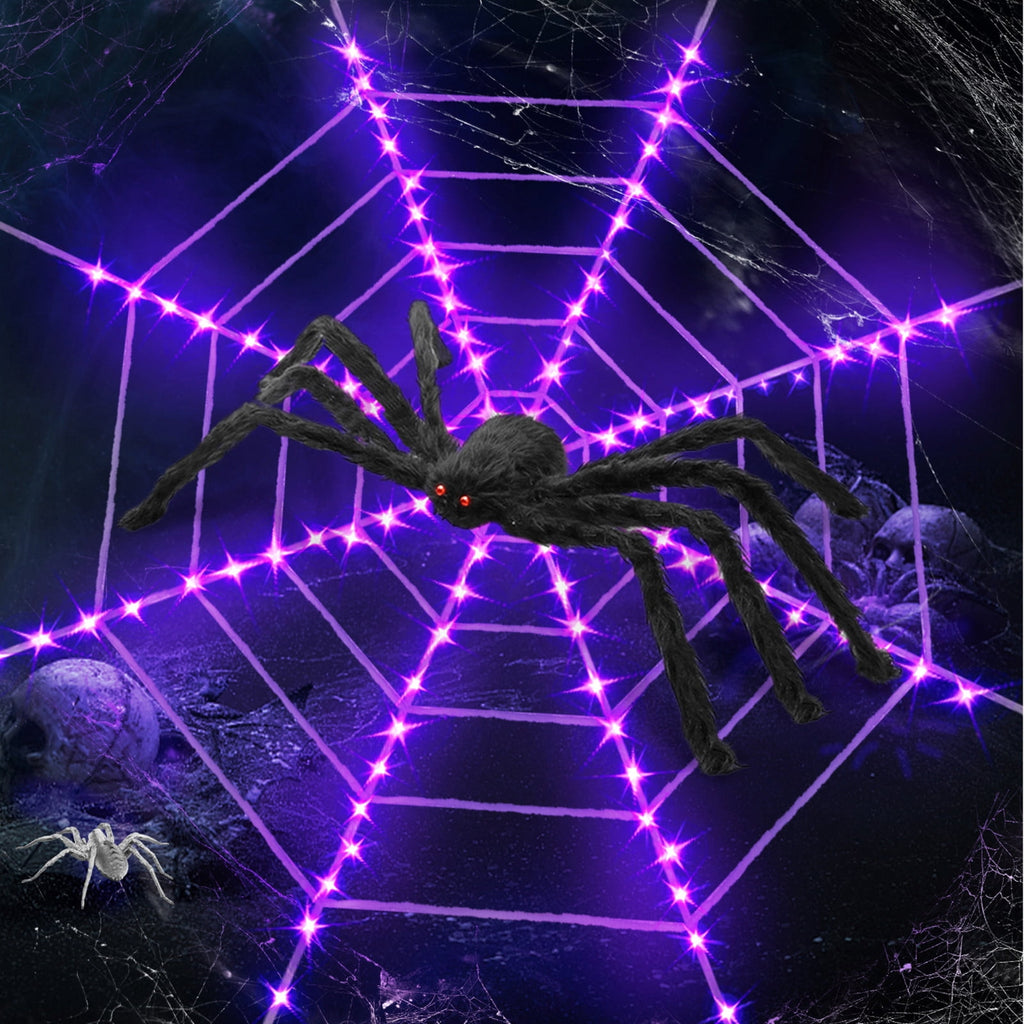 Innens 11.8ft Halloween 144 LED Purple Spider Web Lights with 35" Giant Spider Light up Cobweb Halloween Decorations for Indoor Ourdoor Garden Yard Home Patio (Black, 1Pc)