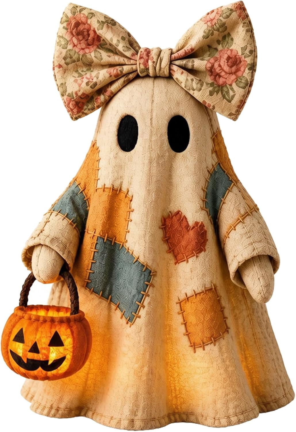 Lighted Vintage Patchwork Ghost, Light Up Ghost with Pumpkin Lantern Halloween Decor, Vintage Halloween Patchwork Ghosts Lamp, for Mantel Shelf Entryway Porch