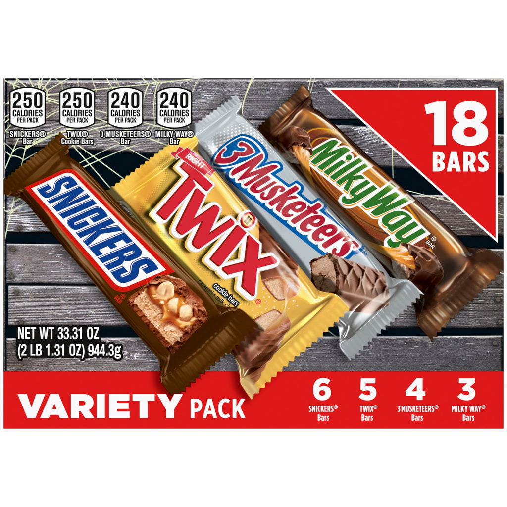 Snickers, Twix, Milky Way & 3 Musketeers Variety Pack Halloween Milk Chocolate Candy Bars -18 Count Box