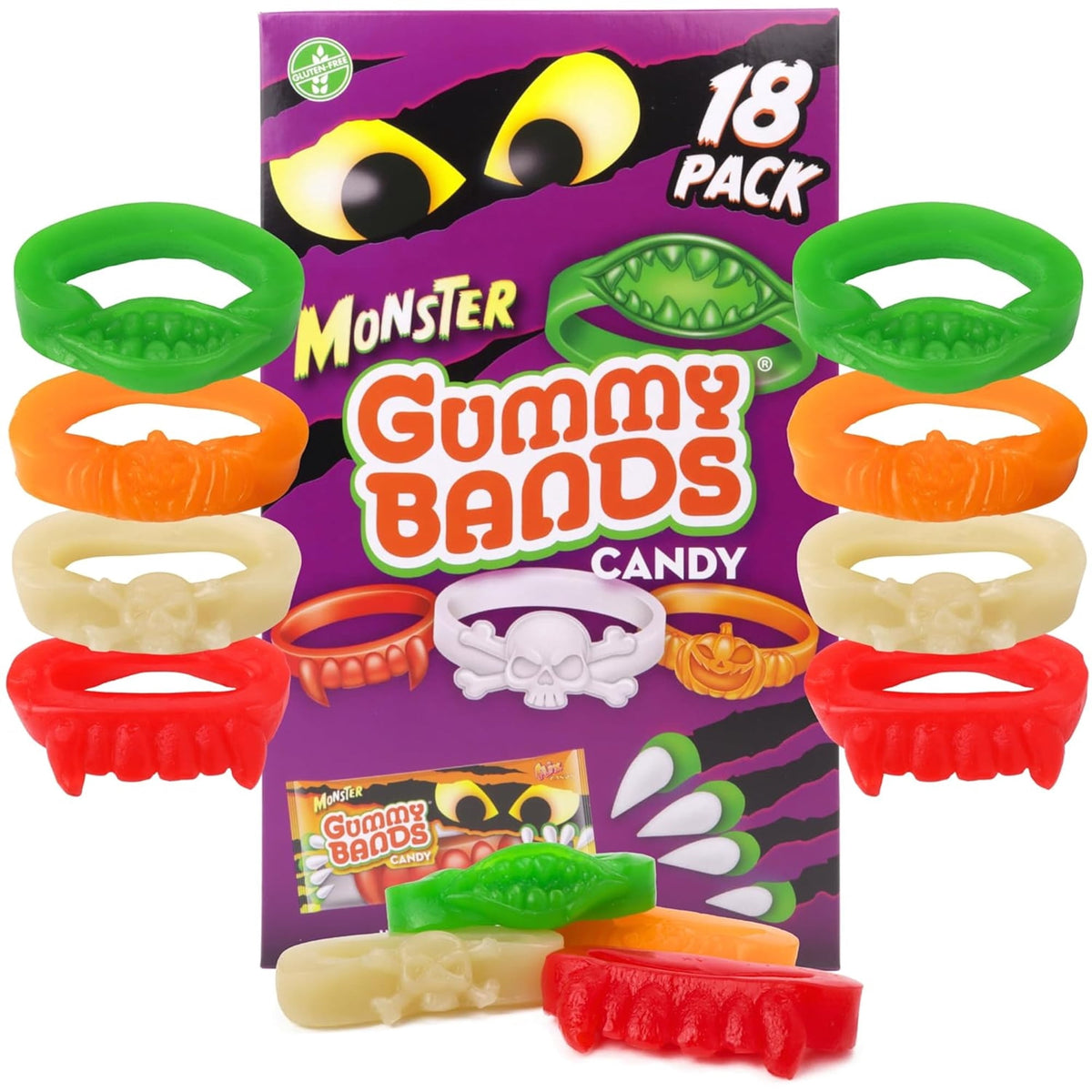 Monster Gummy Bracelets, Trick or Treat Candy, 18 Count, 7.61 Ounce Box