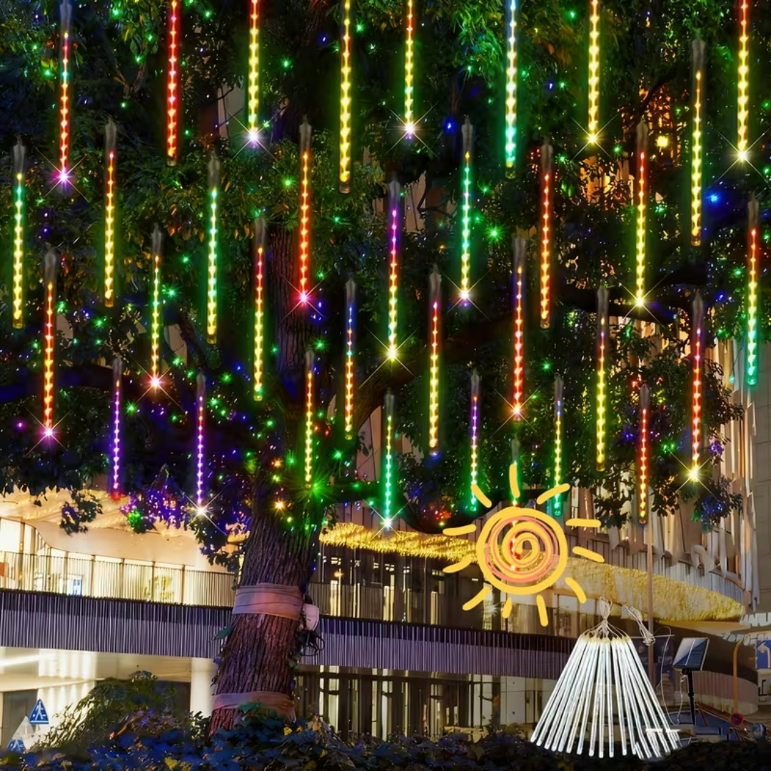 Multicolor Meteor Shower Lamp, Outdoor Solar Powered Icicle Lamp, Snowflake Falling Rain String Lamp, Christmas Tree Lamp, 10 Tubes, 11.8 Inches, 300 Led, Suitable For Halloween, Holiday Parties