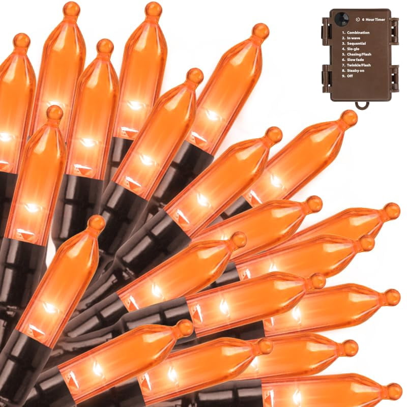 Orange Halloween Lights Battery Operated,Total 18Ft 50 LED Mini String with Timer 8 Modes Twinkle Outdoor Waterproof for Tree Garland Decor