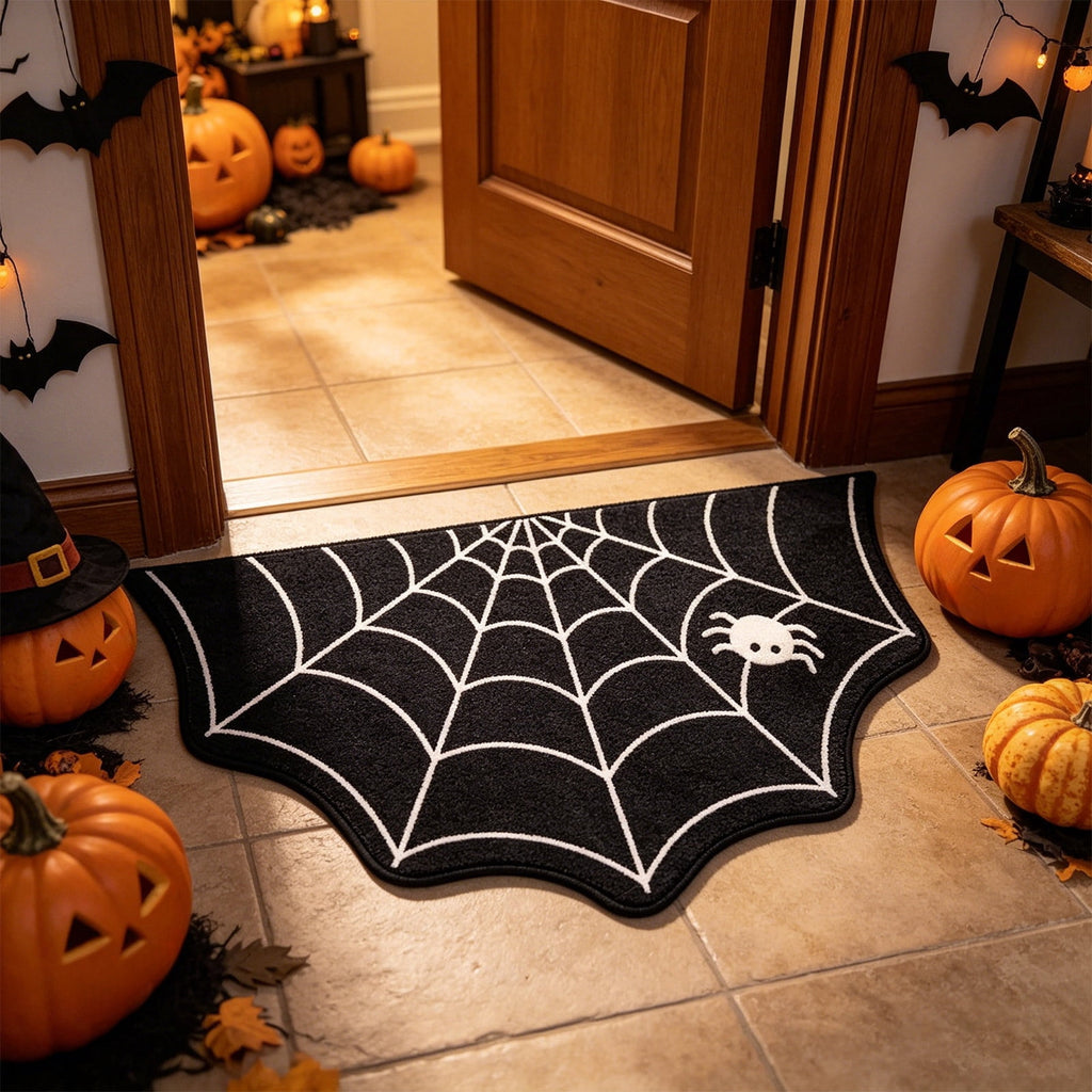 Orangide Halloween Spiderweb Doormat Irregular Black Non Slide Entrance Mat Spooky Decor for Front Door Porch Indoor Outdoor Goth Rug Halloween Decorations