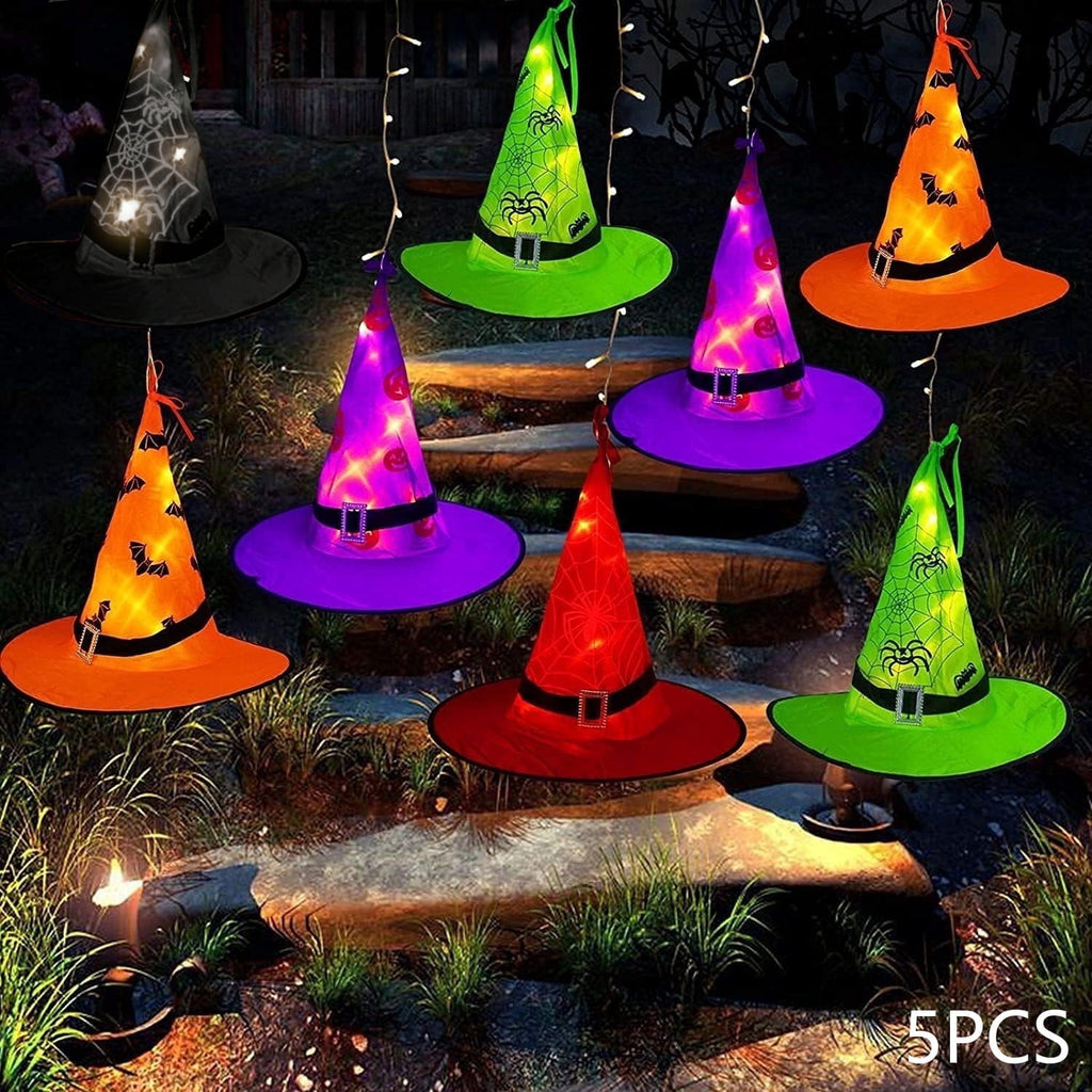 ZOEYKIMLO Halloween Witch Hat Lights Decorations Outdoor, Upgraded 5pcs Hanging Glowing Witch String Lights with 8 Modes, Waterproof Halloween Light for Outdoor, Garden, Party Decor