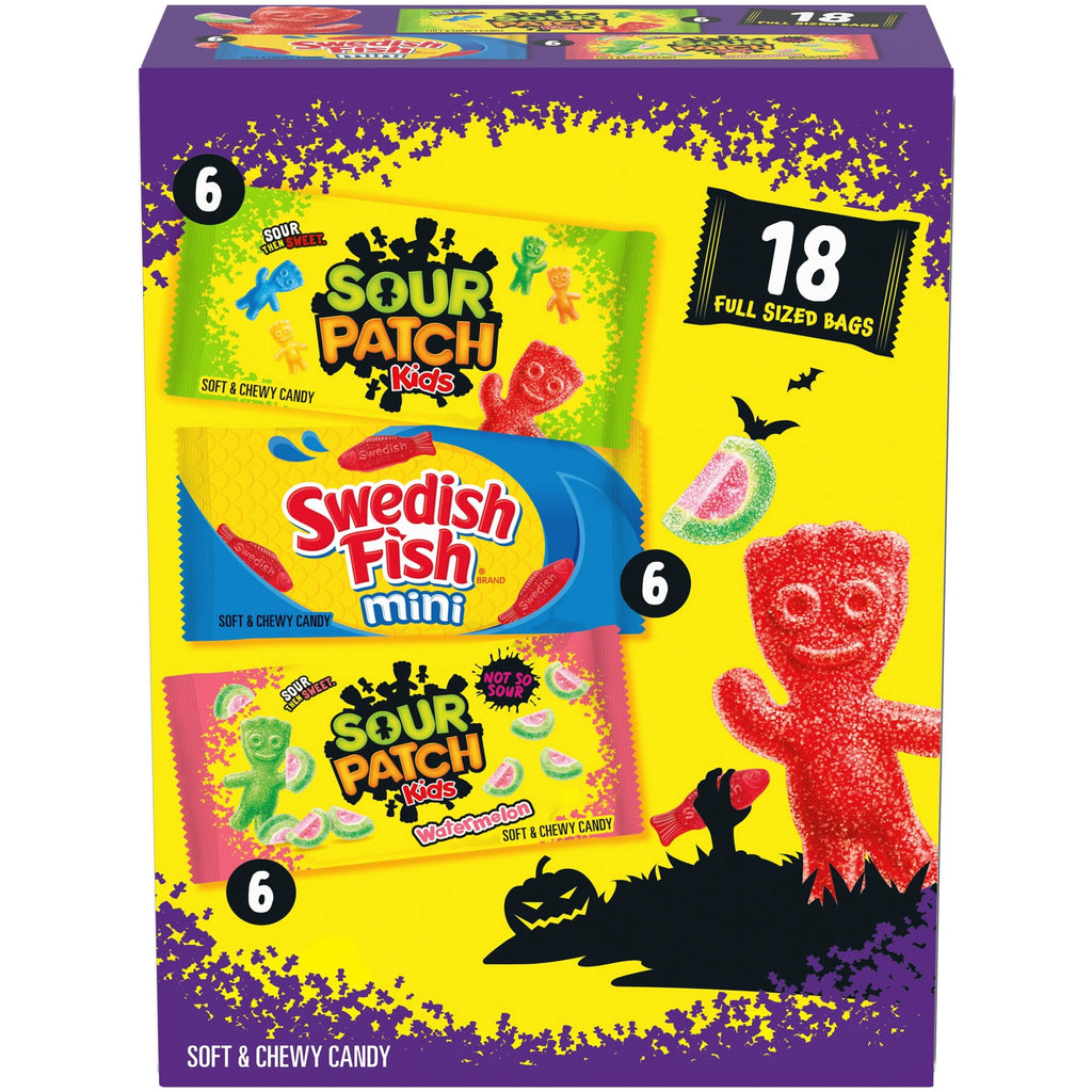 SOUR PATCH KIDS and SWEDISH FISH Mini Soft & Chewy Halloween Candy Variety Pack, 18 Snack Packs