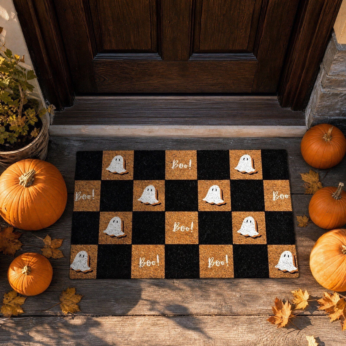 STIJGGN Halloween Ghost Boo Checkered Coir Rug, 23"×15" Fall Outdoor Front Door Decor Mat, Washable Hand-Woven Rug for Layered Doormat, Autumn Halloween Thanksgiving Carpet for Porch, Entryway