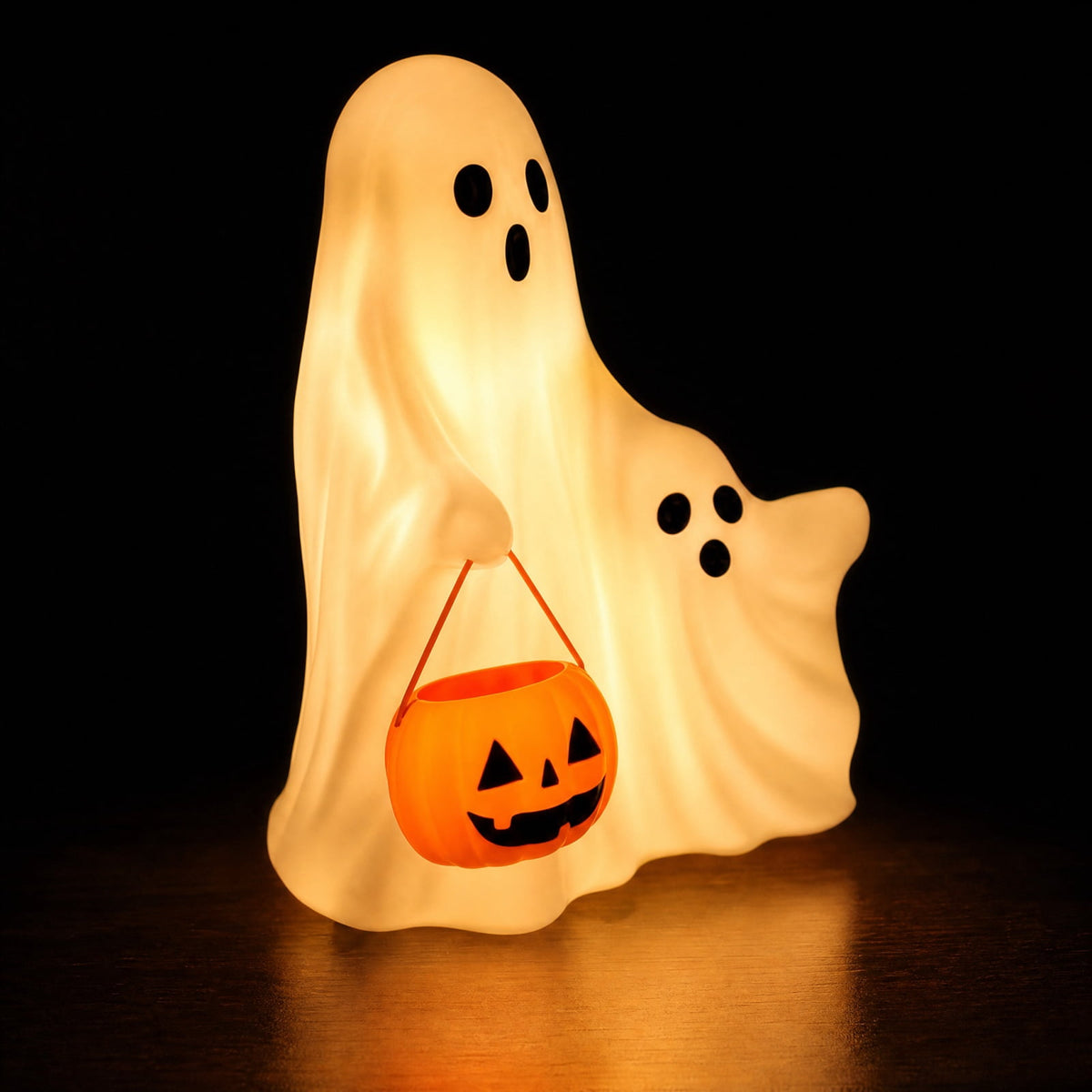 Trick or Treat Ghost Statue, Lighted Halloween Ghost Figurine with Pumpkin Candy Bucket, Blow Mold LED Decoration for Fall Porch Tabletop Home Decor