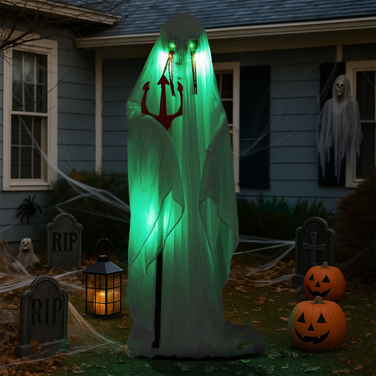 UBesGoo 4.5' Hanging Ghost Animated Halloween Decoration Creepy Halloween Skeleton, Halloween Skeleton with sound and lights