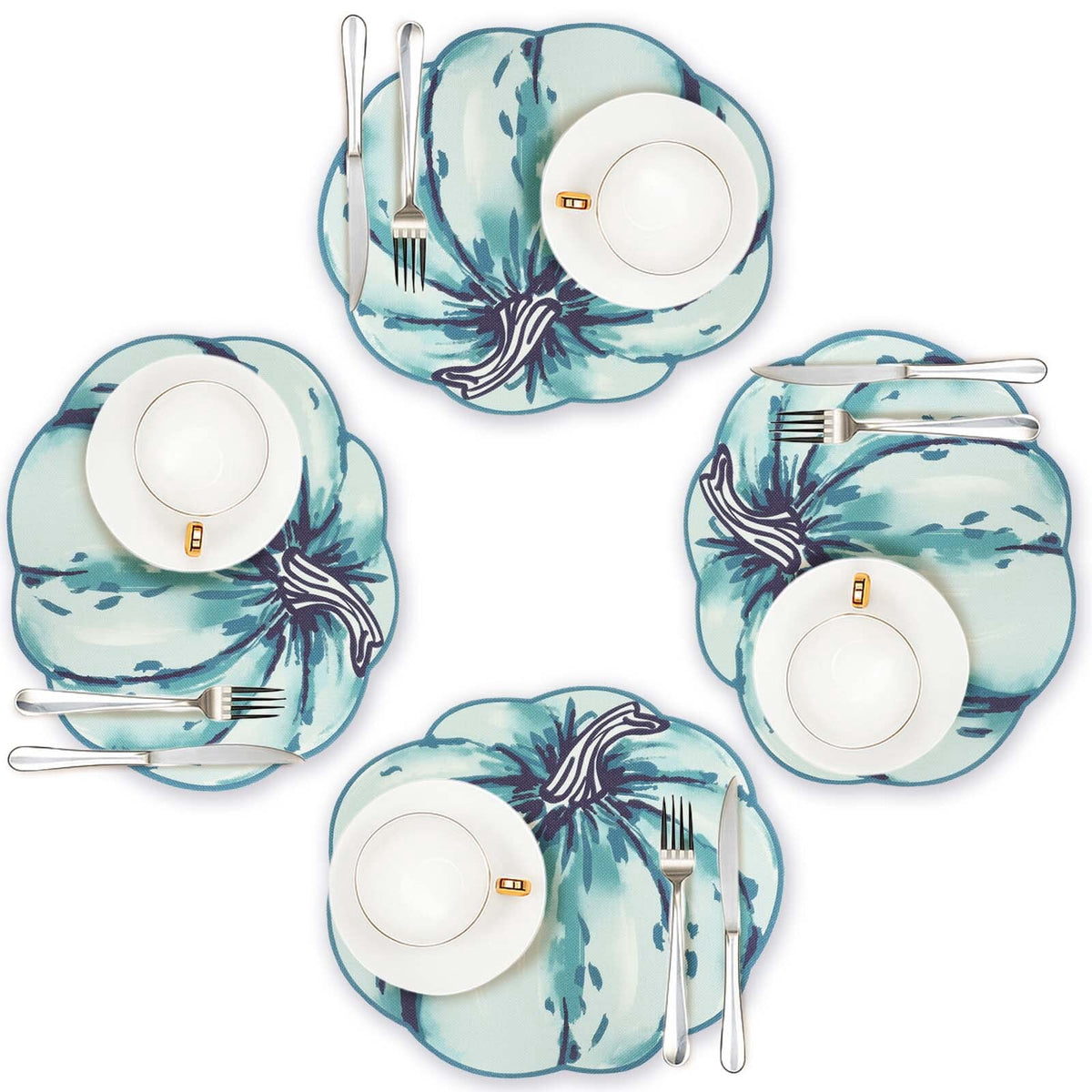 OVZME 4PCS Fall Placemats, Autumn Printed Pumpkin Place Mats for Kitchen Dining Table, Thanksgiving Harvest Halloween Holiday Decor Placemat, Water-Proof, Each 13" x 15", Dark Blue