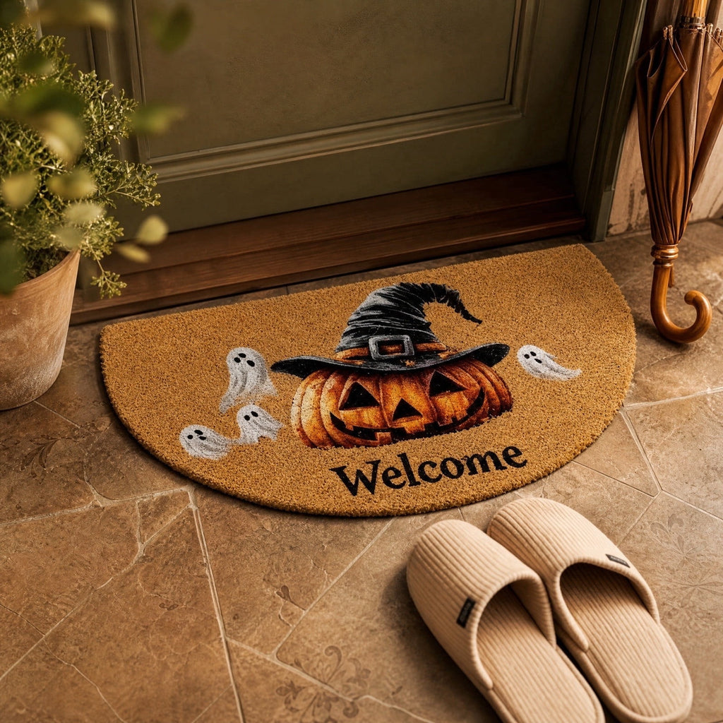 Xevrion Halloween Home Decor,Half Halloween Welcome Doormat Pumpkin Ghost Non- Entry Floor Mat Thickened Scraper Rug Care For Front Porch Holiday Decor,24*16IN