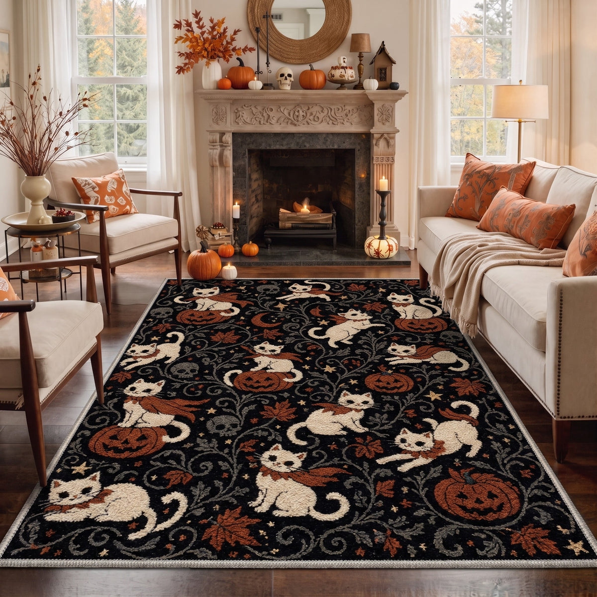 GENIMO 2'x7' Halloween Runner Rug, Washable Non Slip Soft Whimsical Skeleton Indoor Outdoor Hallway Runner for Porch Patio Kitchen Entryway, Charcoal Black