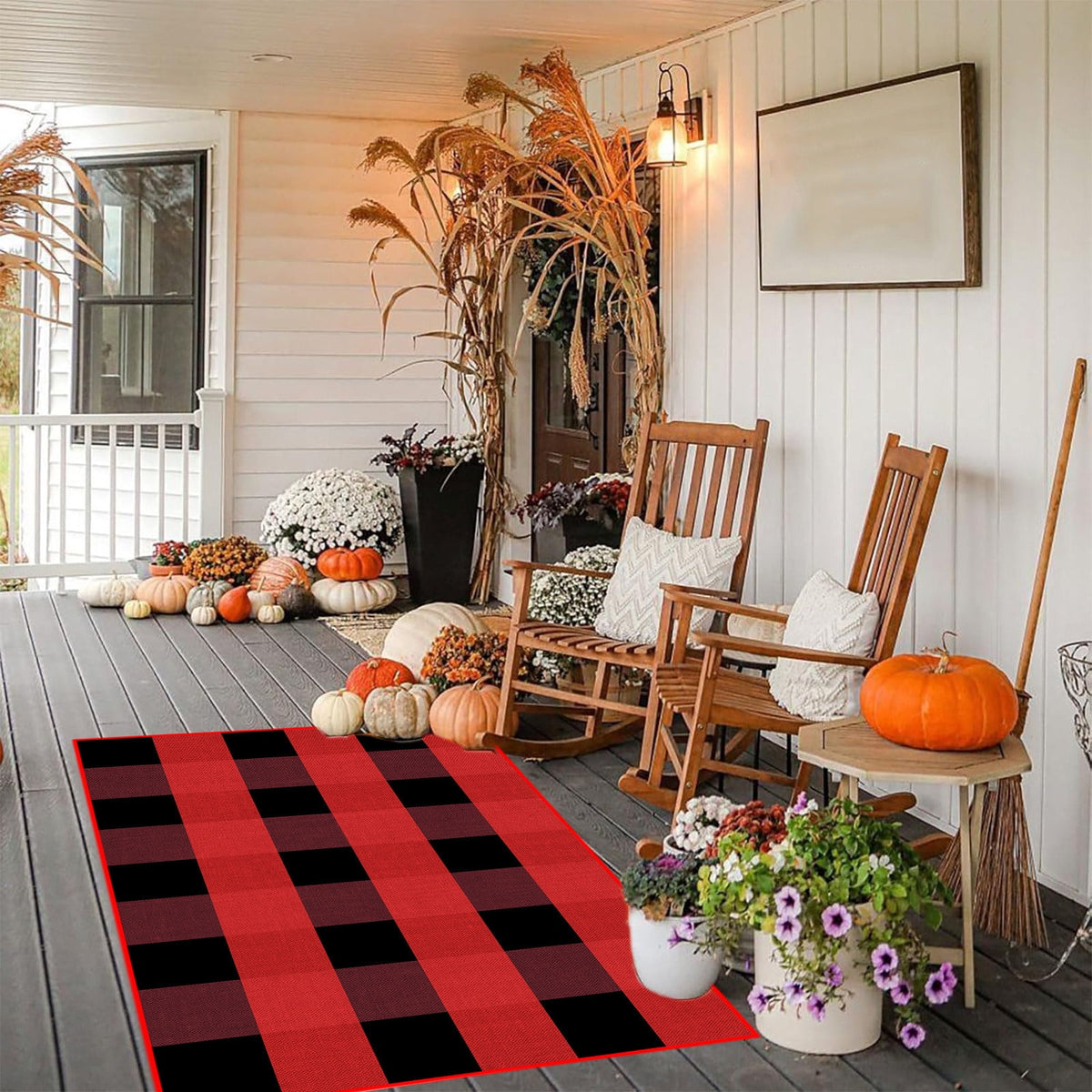 Orange Plaid Fall Outdoor Mat, Hand-Woven Porch Rug for Thanksgiving Halloween Door Decor