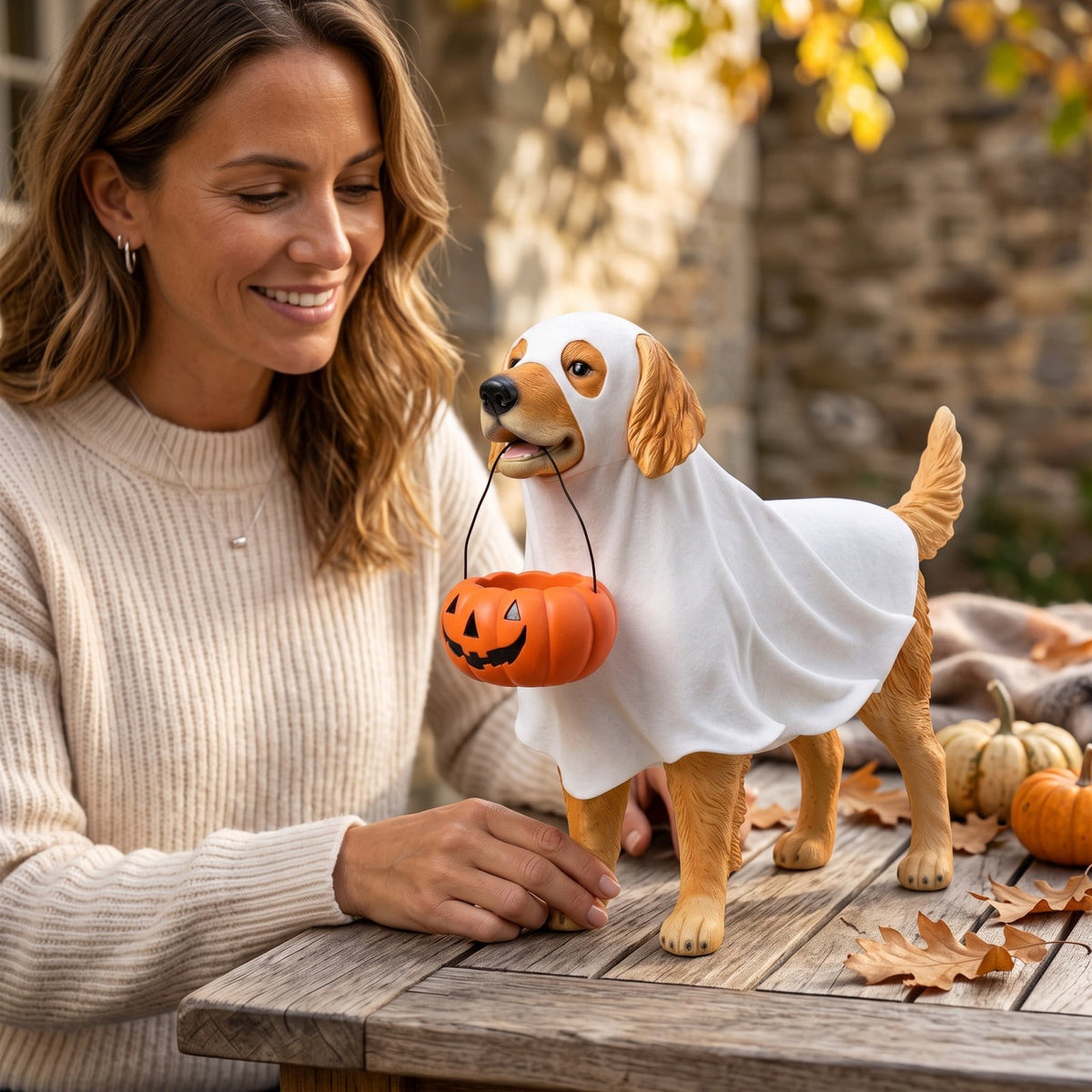 Halloween Ghost Dog Figurine, LED Light Statue, Yard Garden Decor, Treat Bucket Detail and Standing Sturdy Build for Front Porches, Garden Walkways and Tabletop Displays.