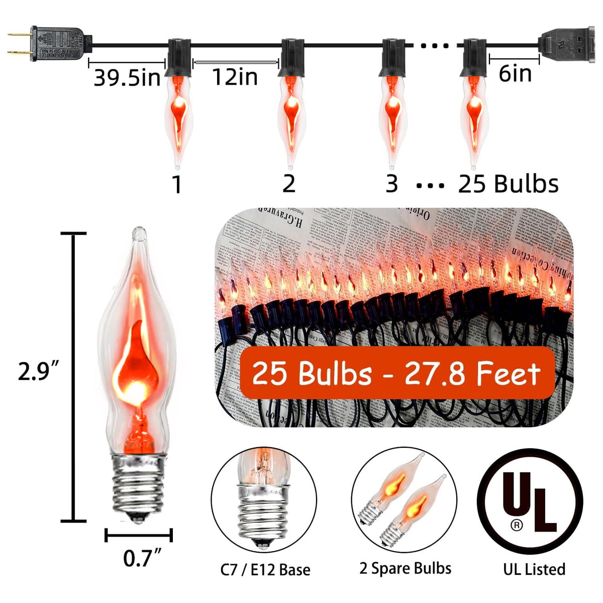 Halloween Lights Flickering Flame String Lights with 12 Pack C7 Orange Flame Light Bulbs (2 Spare), 12.8Ft Orange Flame String Lights for Indoor Outdoor Home Party Yard Halloween Decorations