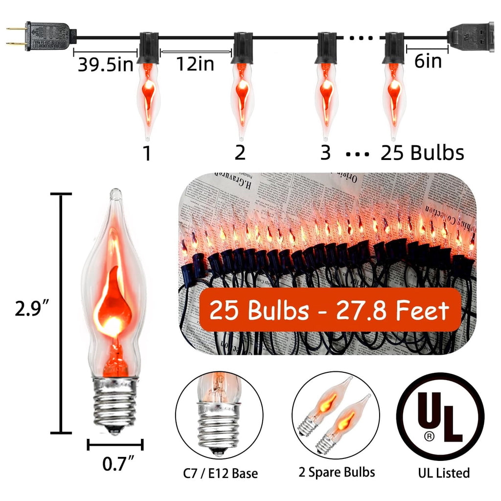12.8Ft Christmas Lights Flickering Flame String Lights with 12 Pack Clear C7 Flame Light Bulbs（2 Spare）, Great for Indoor Outdoor Home Patio Party Christmas Decorations Lights, 1W, E12 Base