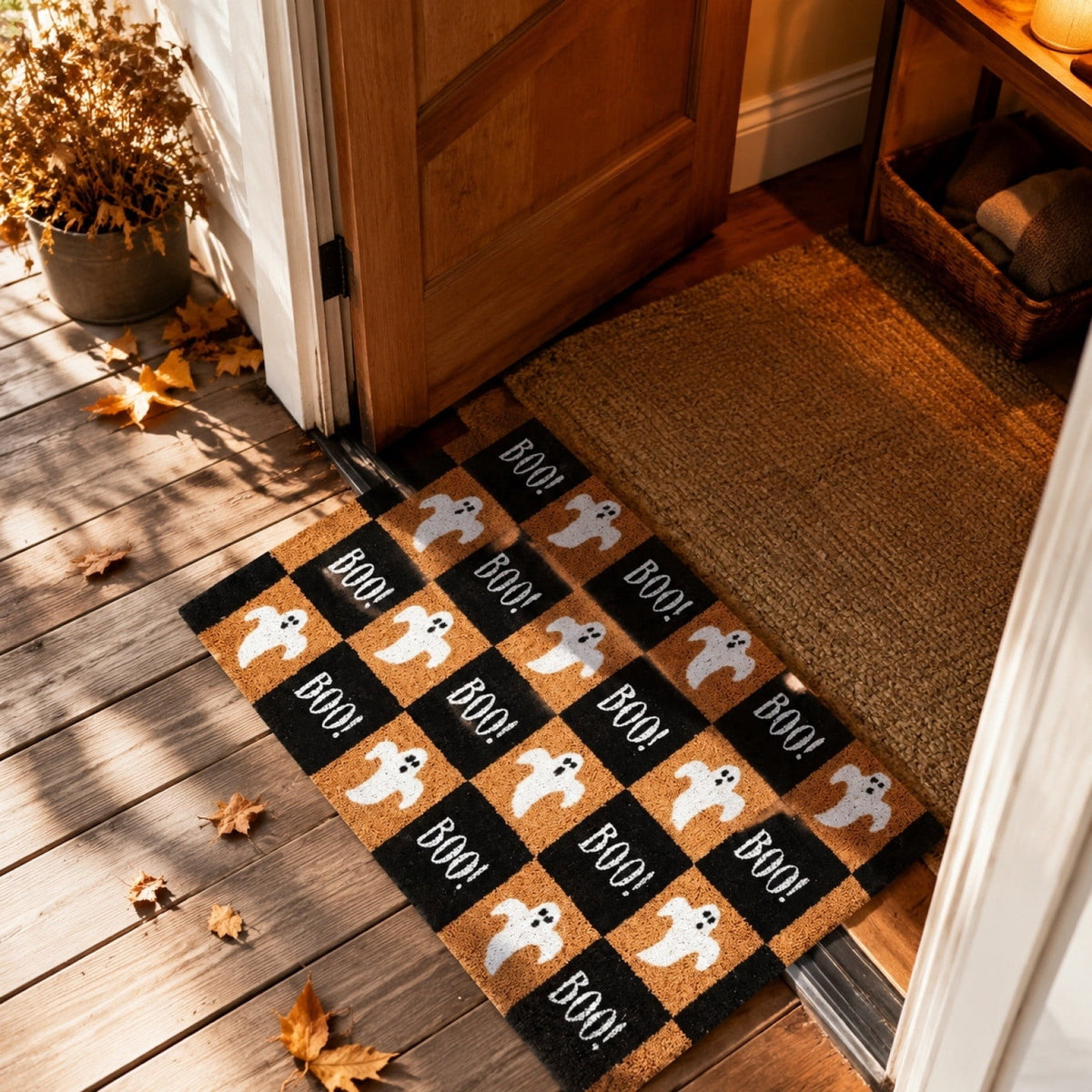 2026 Halloween Outdoor Decorations Halloween Ghost Doormat 50x80 Cm Black And Orange Checkered For Front Doors Porches And Holiday Decorations