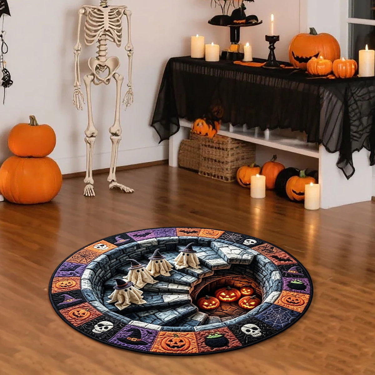 3D Halloween Rug,Halloween Quilted Round Rug 3D Illusion,Soft & Durable Fabric Non-Slip Modern Home Decor,15.7in
