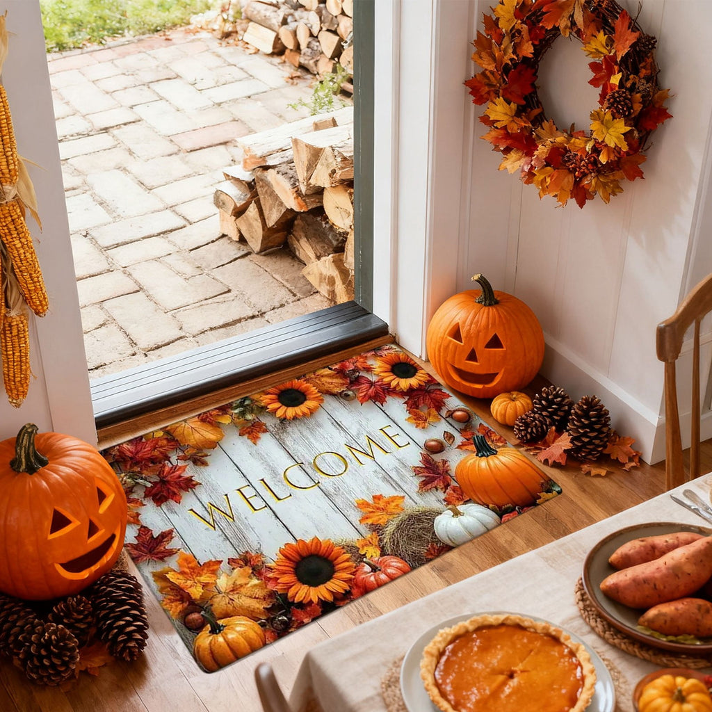 Fall Welcome Maple Leaves Decorative Doormat,Fall Pumpkins Maple Leafs Door mat Indoor Outdoor Entrance Floor Mat Non Slip Autumn Entry Mat for Thanksgiving Porch Front Door Decor 23.62*15.75in（A）