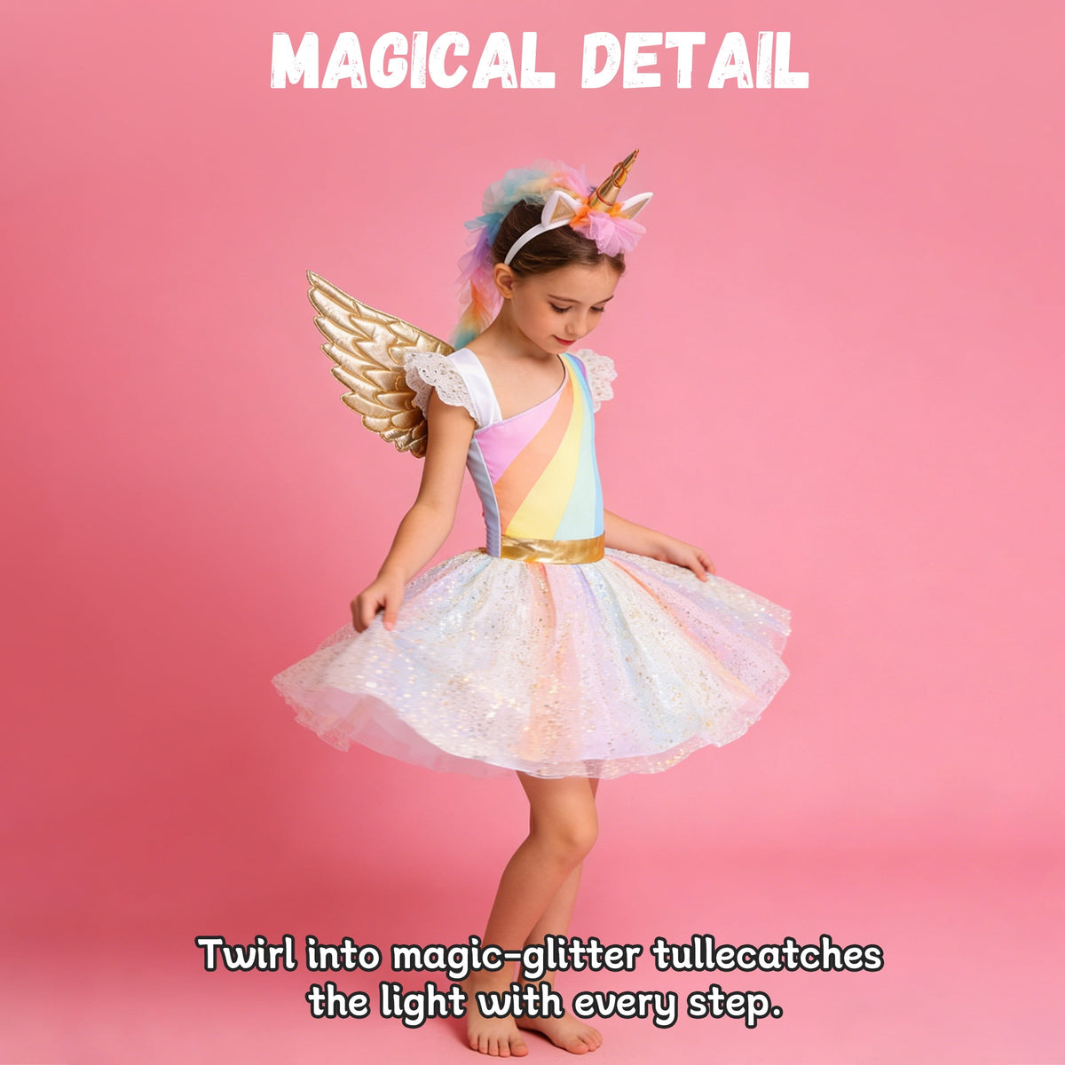 CZKHPTY Girls Rainbow Unicorn Tutu Costume Set with Headband & Wings, Kids Princess Dress Up Outfit, Sizes 9-10Y