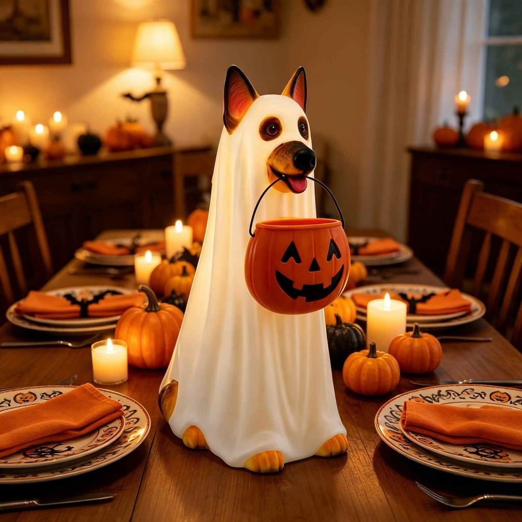 Ghost Dog,Ghost Decor,Halloween Light Up Ghost Dog Statue, LED Ghost Puppy Holding Pumpkin Candy Bucket, Waterproof Outdoor Decoration For Front Yard Porch Garden(White A 10in)