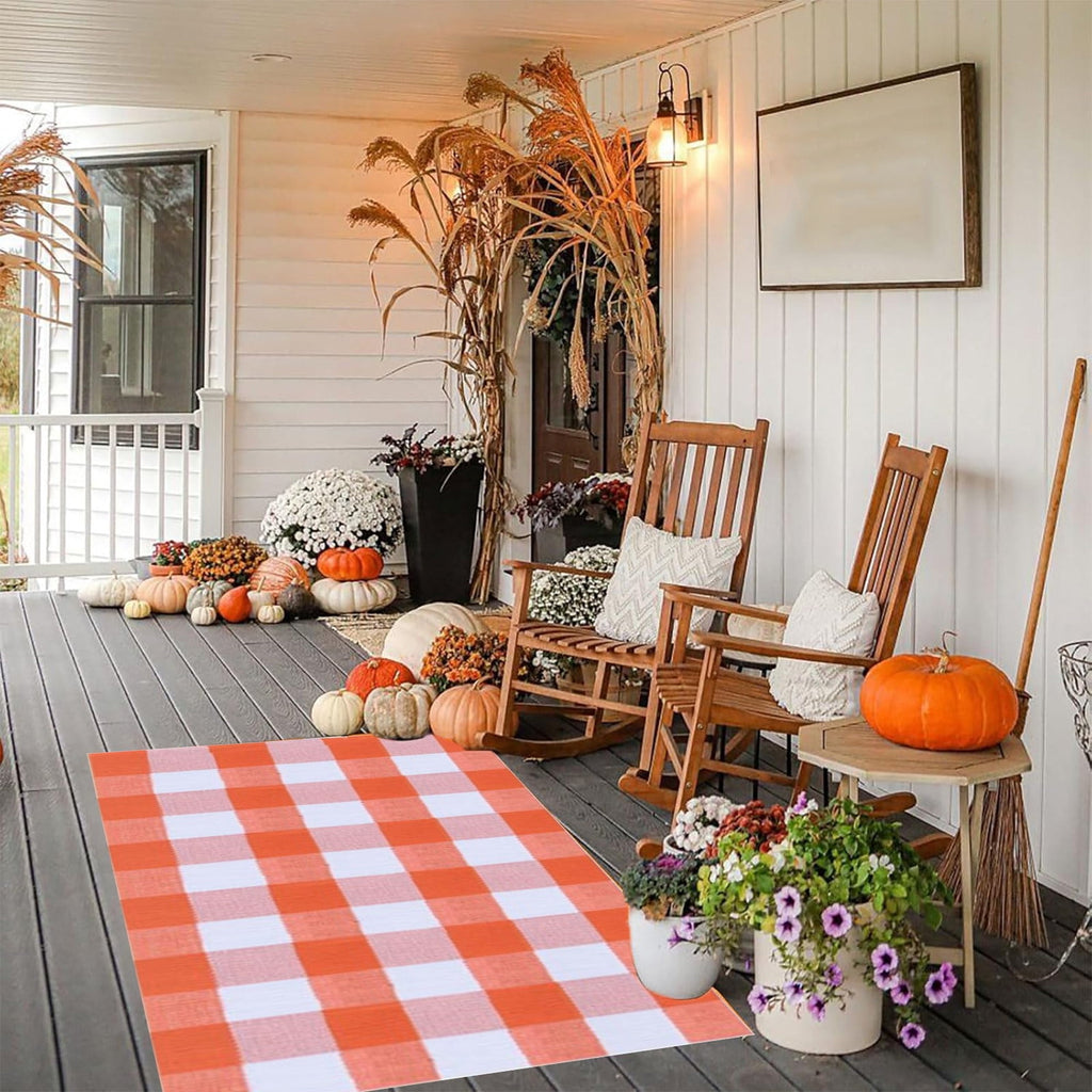 Sunshinehomely Buffalo Plaid Outdoor Rug, Fall Decor Front Door Mat, Layered Welcome Door Mat, Halloween Fall Thanksgiving Front Porch Entryway Farmhouse Decor Floor Mat