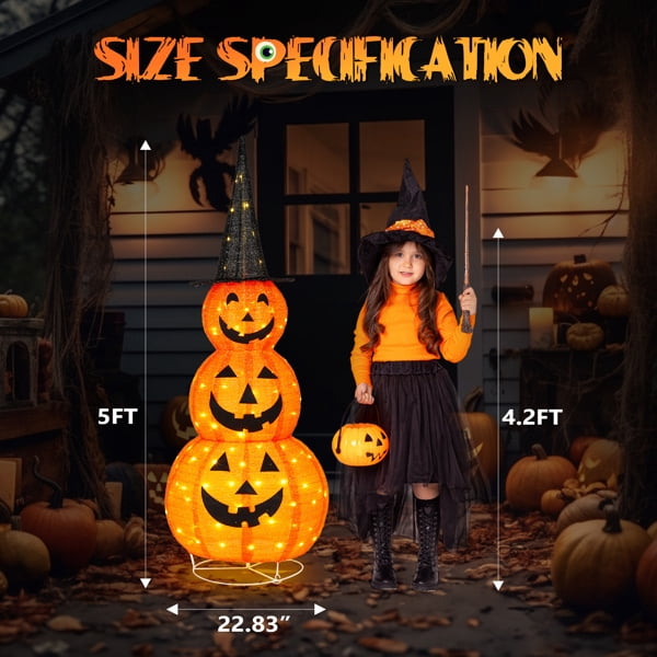 5FT Lighted Pop-Up Pumpkin Halloween Decor with 100 LED Lights for Outdoor Lawn Yard Garden