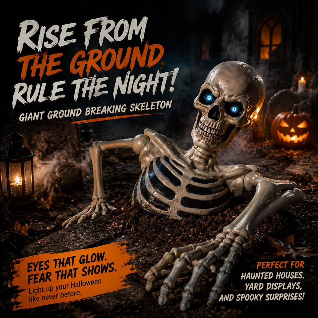 Giant Ground Breaking Half Skeleton Halloween Prop,11.8 Inch Animated Ghost Skeleton Decor with Sound Activated LCD Glowing Eyes,Outdoor Graveyard Haunted Yard Spooky Party Decoration