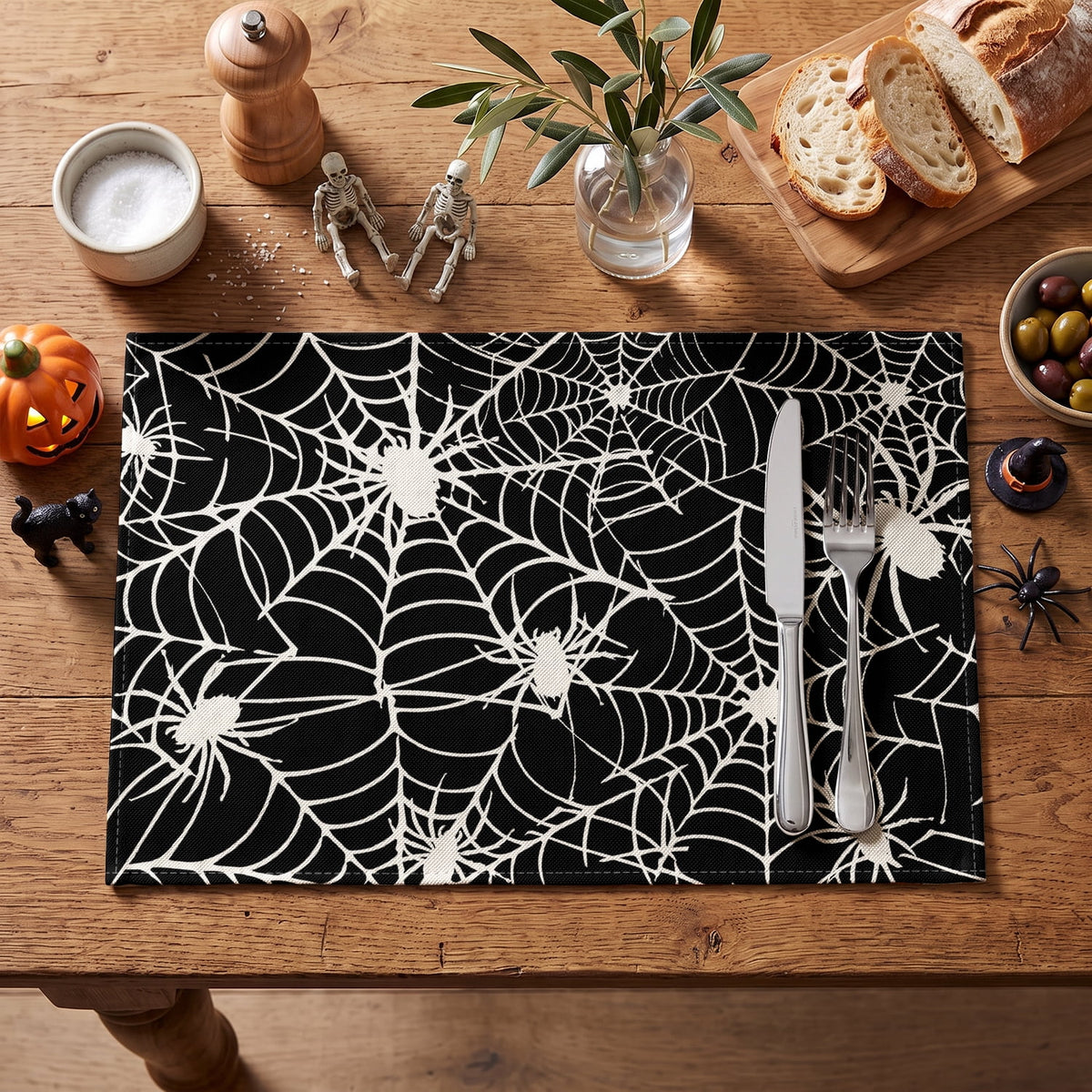 Smile Jack-O'-Lantern Spider Web Halloween Table Placemats Set of 4 Round 15 Inch Black