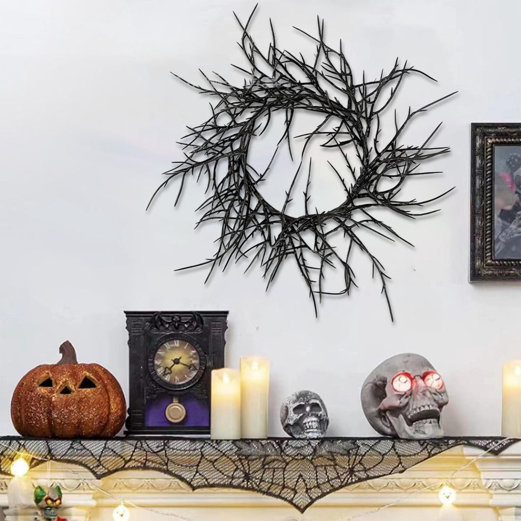 WWC Halloween Wreath, 18 inch Black Bats and Bare Branch Wreath, Gothic Halloween Decor Twig Wreath for Halloween Party Front Door Porch and Fireplace