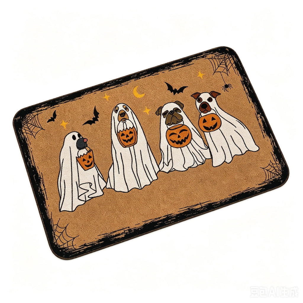 Halloween Ghost Dog Door Mat, Outdoor Coir Entrance Mat for Porch, Spooky Decor for Home Outdoor Entryway Black