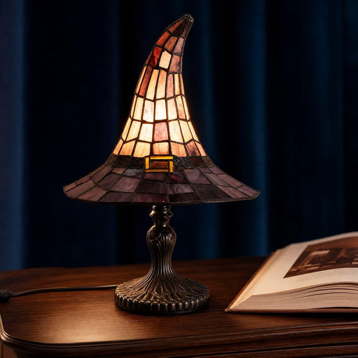 New Stained Glass Witch Hat Lamp - Handcrafted Retro Crackr Resin Witch Lamp, USB Powered Gothic Wizard Hats Night Light barrl, Halloween Decor Accent Lamps for Bedroom & Bookshelf