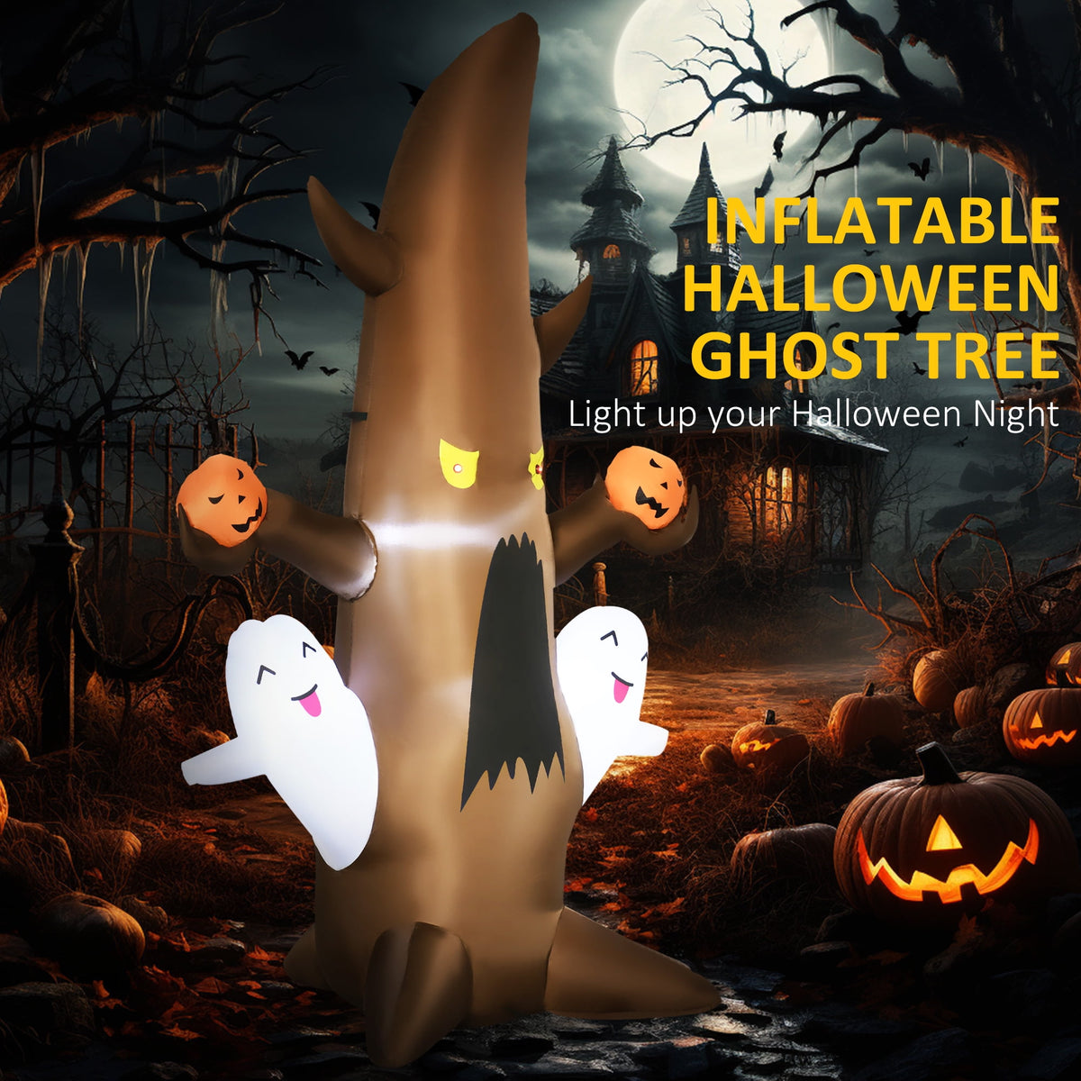 Outsunny 5' Halloween Inflatables Outdoor Decorations Ghost Tree with Pumpkins, Blow-Up LED Yard Decor Indoor Outdoor for Garden, Lawn, Party, Holiday