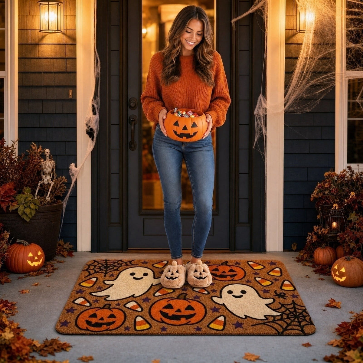 Beforeyayn Halloween Doormat, 23.6X15.7 Inch Funny Ghost and Pumpkin Entryway Mat, Absorbent Coir Doormat for Indoor Outdoor, Scary Spider Web Design for Home, Front Door, Patio Decor