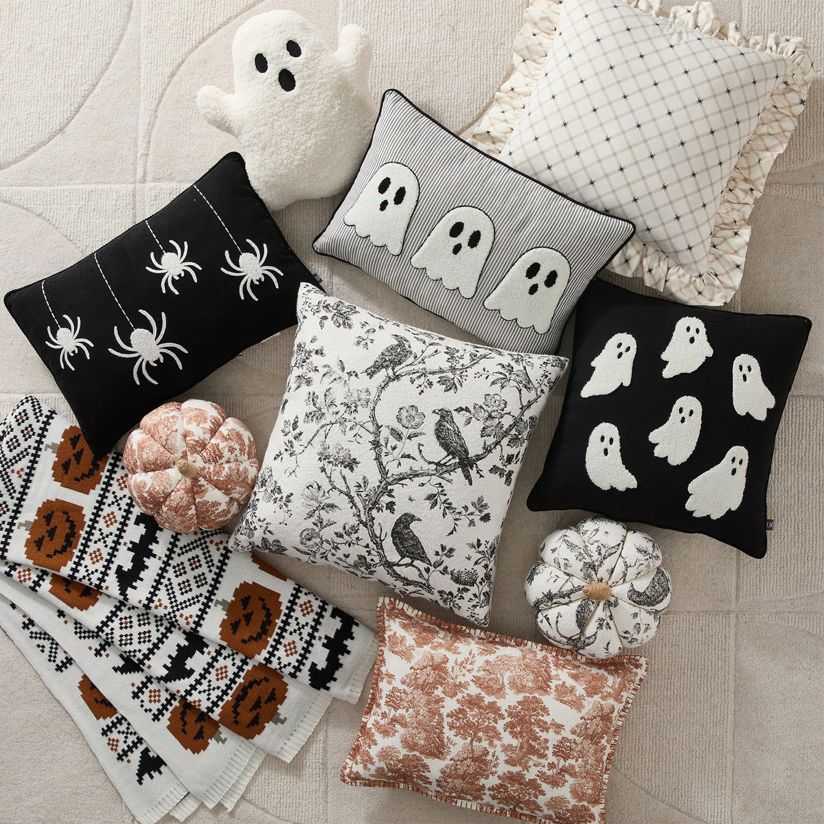 My Texas House Halloween Raven Toile Pumpkin Decorative Pillow, Ivory and Black, 6" x 10"