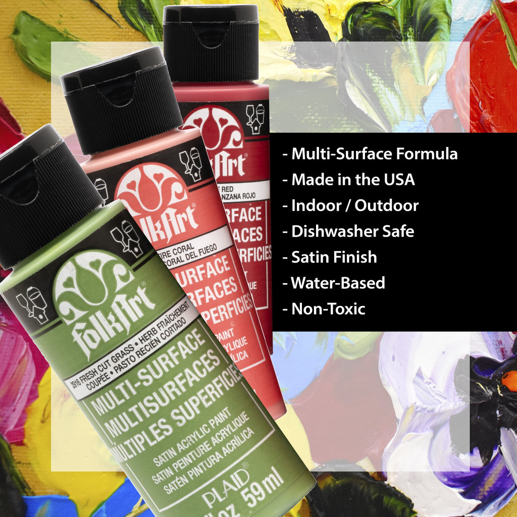 FolkArt Multi-Surface Satin Acrylic Craft Paint Set, 12 Colors, 2 fl oz