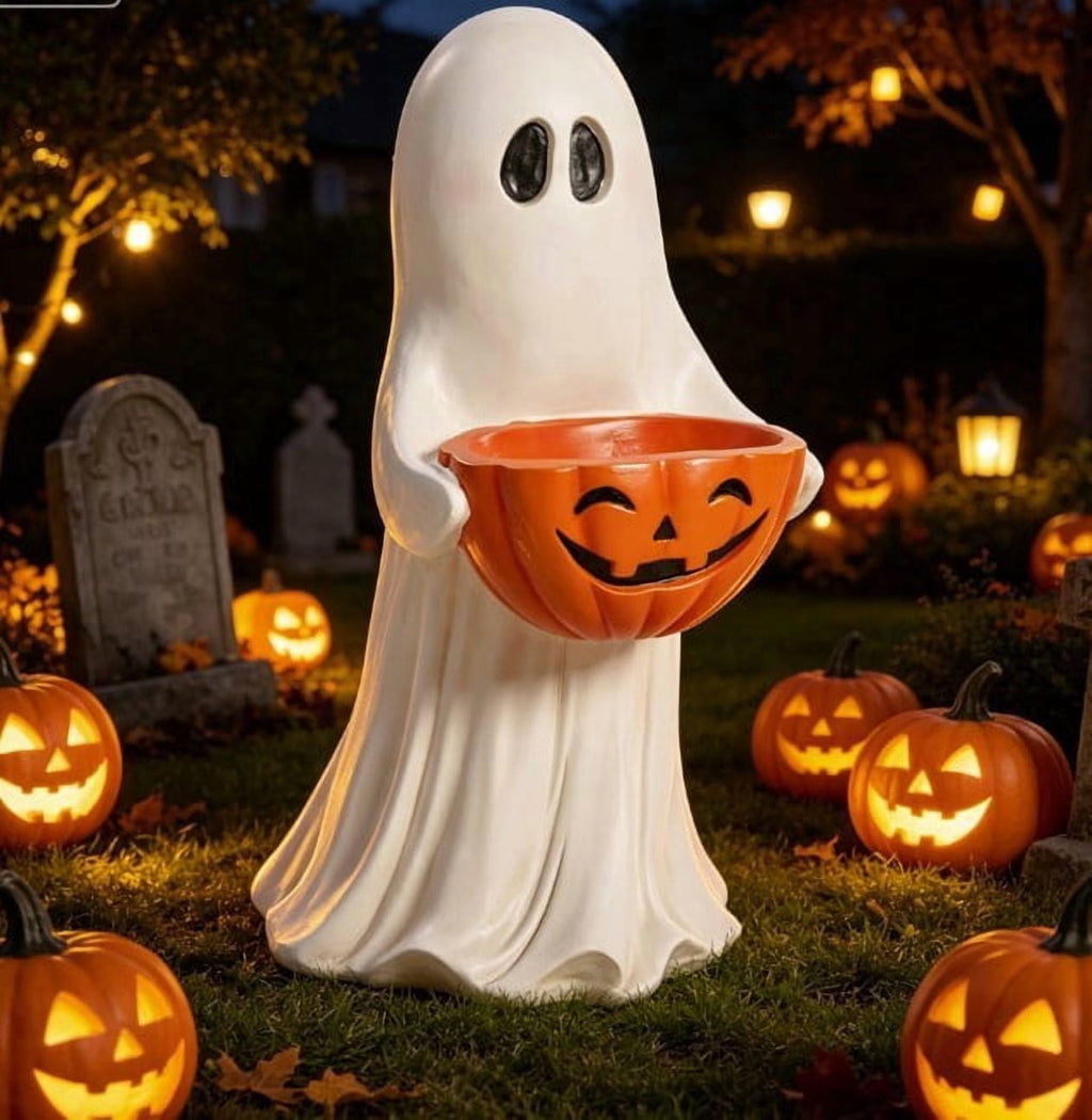 13.7" Halloween Ghost Figurine with Pumpkin Candy Bowl, Indoor Outdoor Safe Ghost Statue for Porch Yard Garden Decoration, Freestanding Halloween Porch Decor