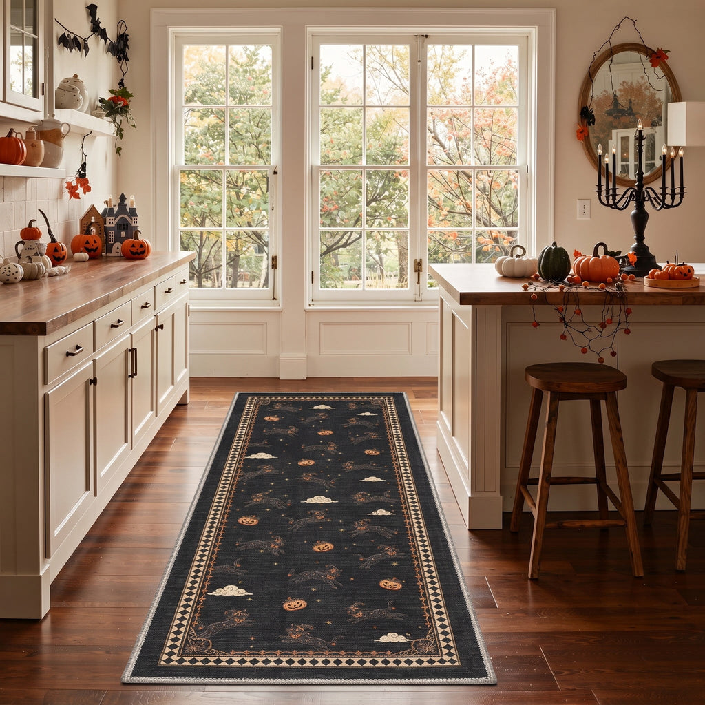 GENIMO 2'x7' Halloween Runner Rug, Washable Non Slip Soft Whimsical Skeleton Indoor Outdoor Hallway Runner for Porch Patio Kitchen Entryway, Charcoal Black