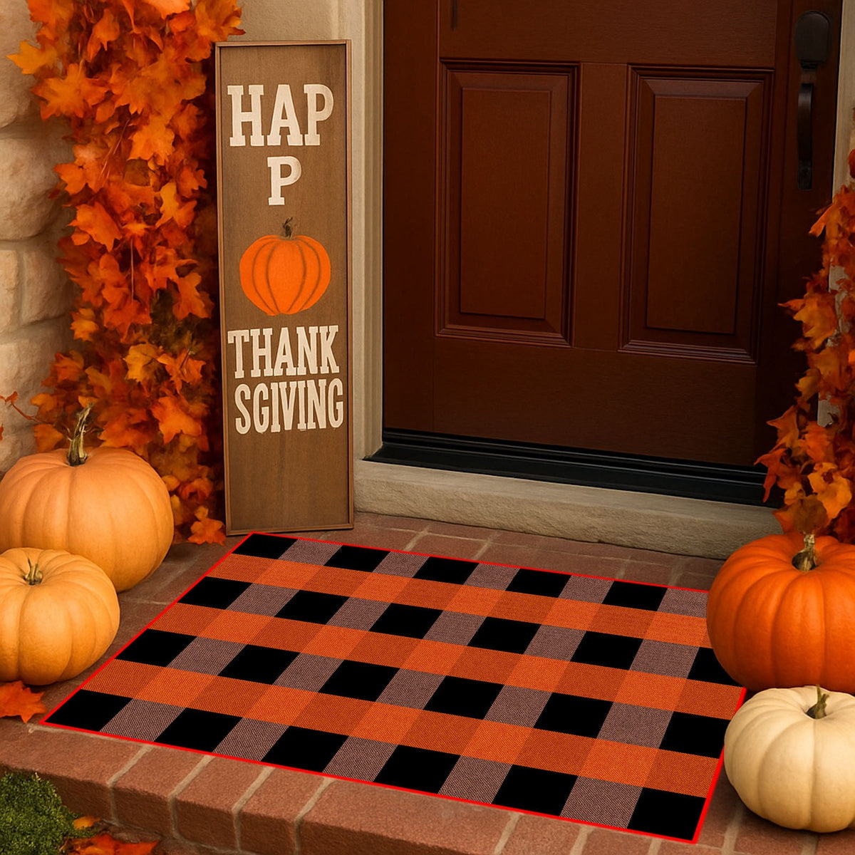Orange Plaid Fall Outdoor Mat, Hand-Woven Porch Rug for Thanksgiving Halloween Door Decor