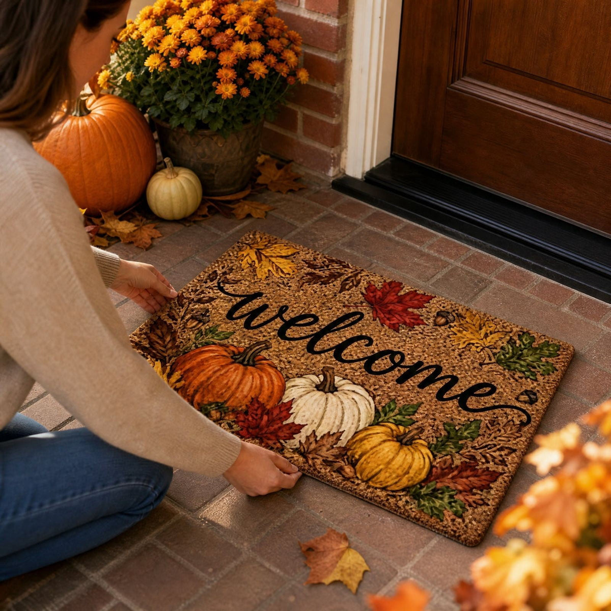 Fall Thanksgiving Welcome Doormat with Pumpkin Maple Leaf Design 15.75 x 23.62 Inch Crystal Velvet Seasonal Rug for Entryway Kitchen Home Decor