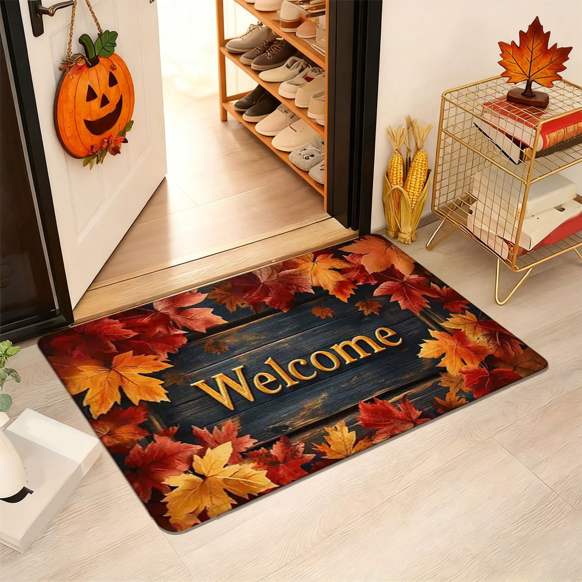 Fall Welcome Maple Leaves Decorative Doormat,Fall Pumpkins Maple Leafs Door mat Indoor Outdoor Entrance Floor Mat Non Slip Autumn Entry Mat for Thanksgiving Porch Front Door Decor 23.62*15.75in（A）