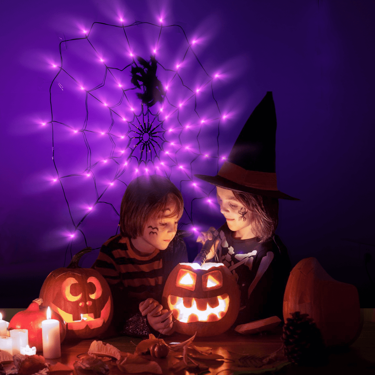 16.4Ft Large Spider Webs Halloween Decorations Lights, Outdoor Battery Operated Purple Halloween String Lights with 8 Modes Remote Control 125 LEDs Spiderweb,60" Large Spider,Waterproof (Purple)